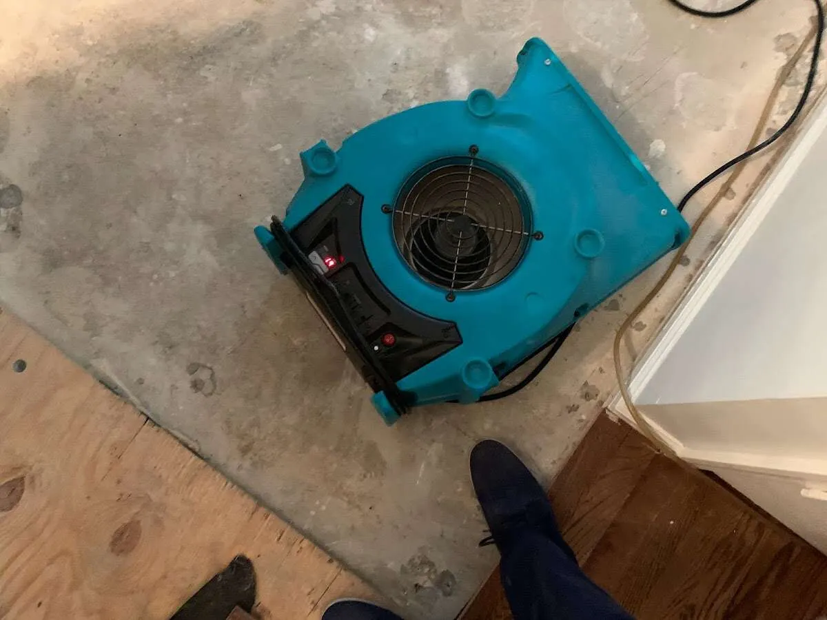 Air mover drying subfloor during Leak Detection & Repair in Sarasota Springs